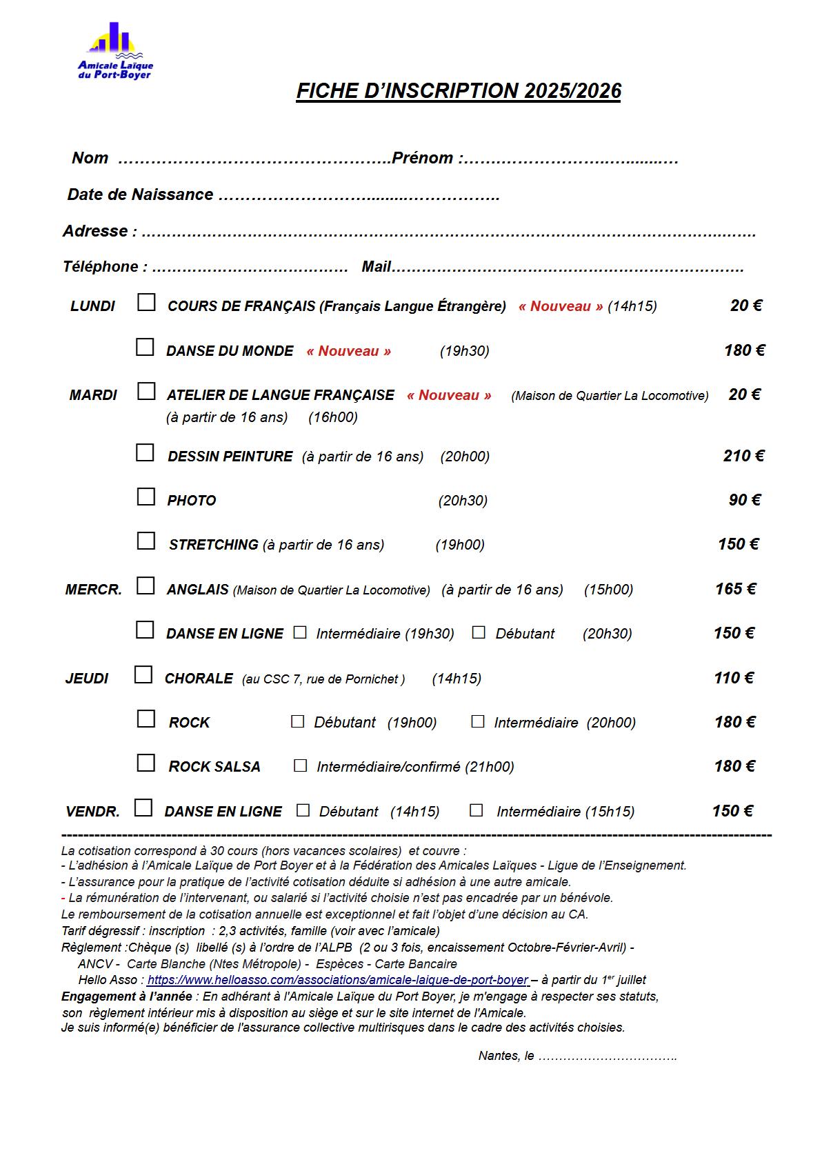 Bulletin d'inscription adulte de l'Amicale Laïque de Port-Boyer